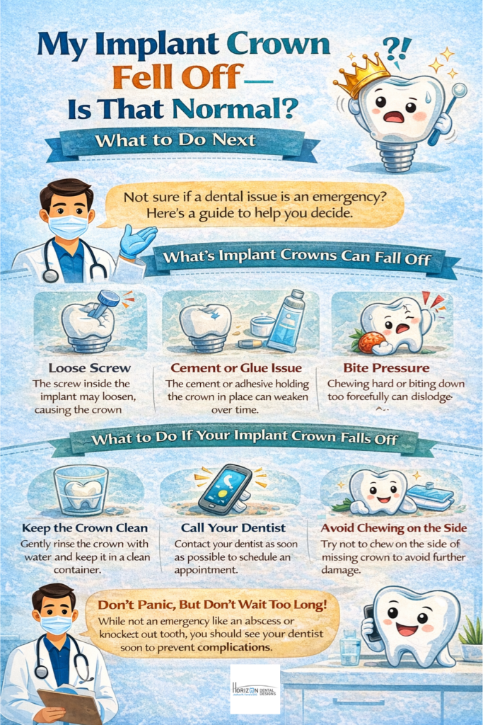 Dental implant crown restoration model — what to do when it falls off, Plant City dentist explains